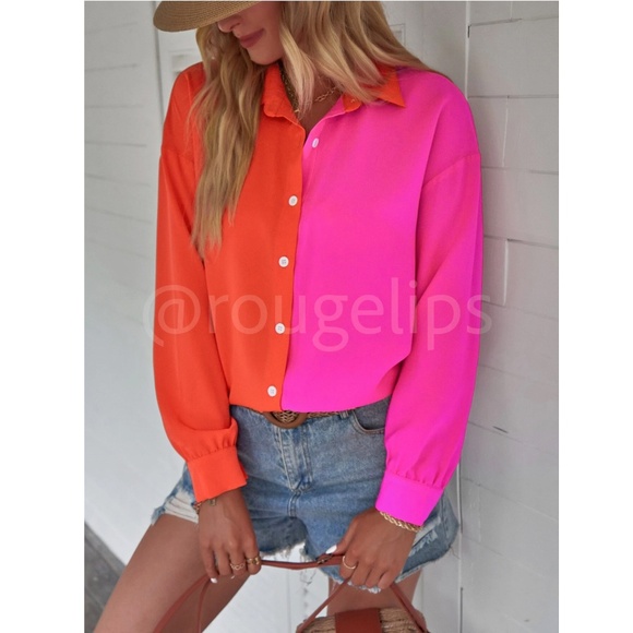 Two Tone Bright Button Down Shirt Hot Pink and Orange Long Sleeve - Picture 3 of 7